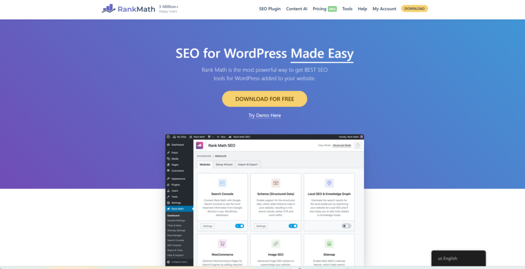 Screenshot of RankMath website - SEO for photographers