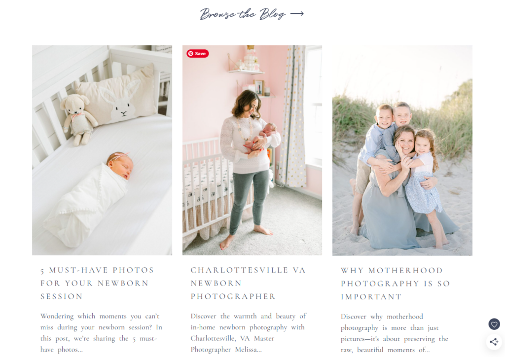 Recent blog posts on homepage demo for photography seo