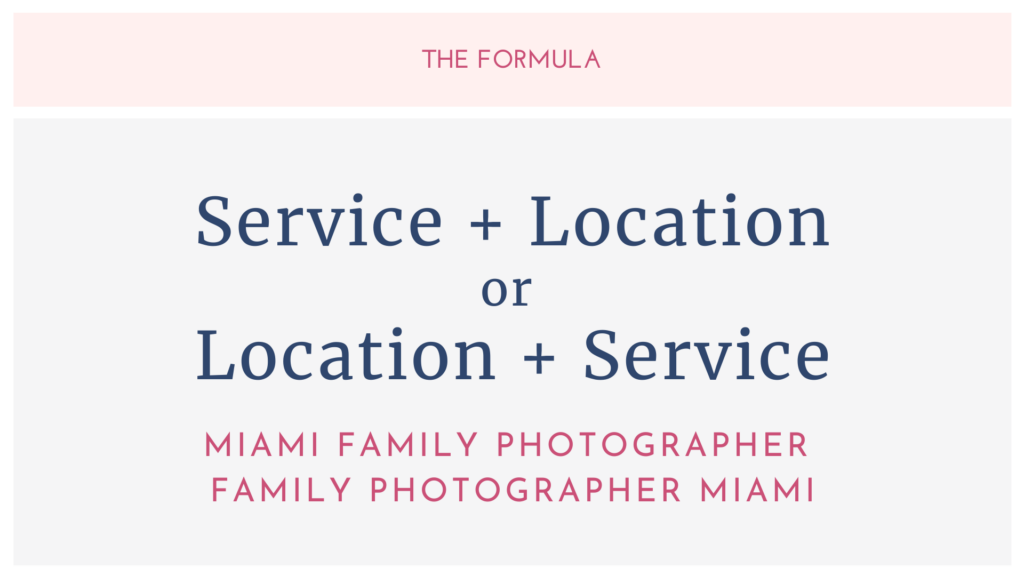 Graphic of keyword formula of service + location to help with photography SEO keywords