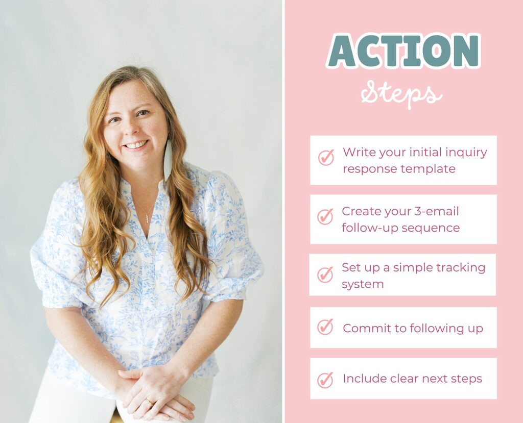 a headshot of Melissa Arlena and your Action Steps for your follow up system