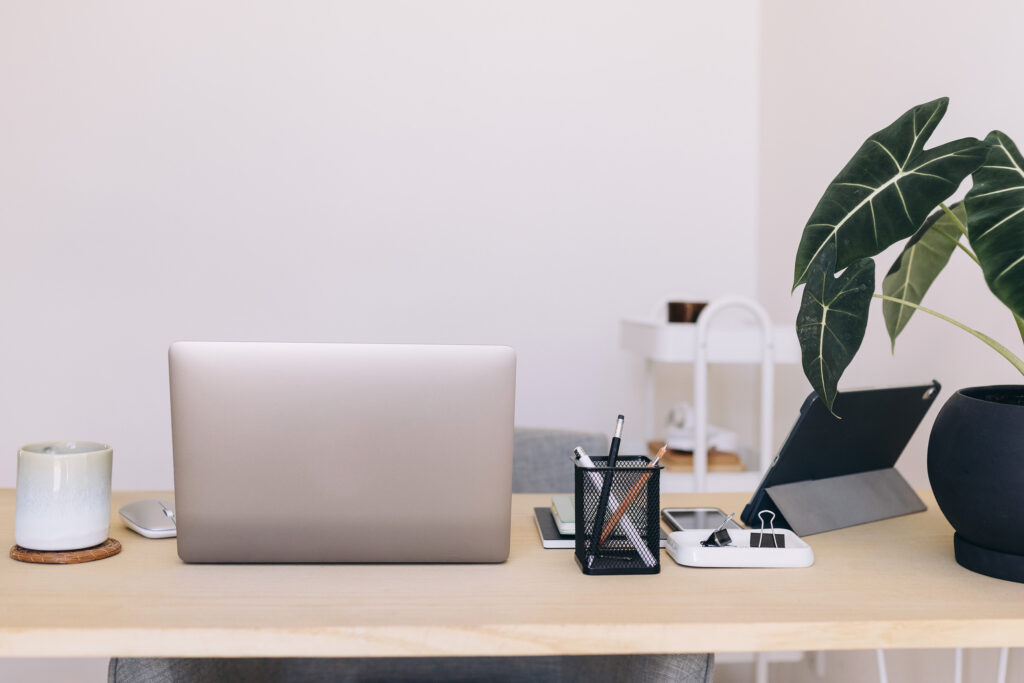 an image of a desk with a computer and a plant