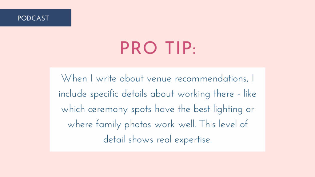 Why Blogging for Photographers Is Your Secret SEO Weapon 6 Why Blogging for Photographers Is Your Secret SEO Weapon pro tip graphic about venue recommendations for expert blogging tips