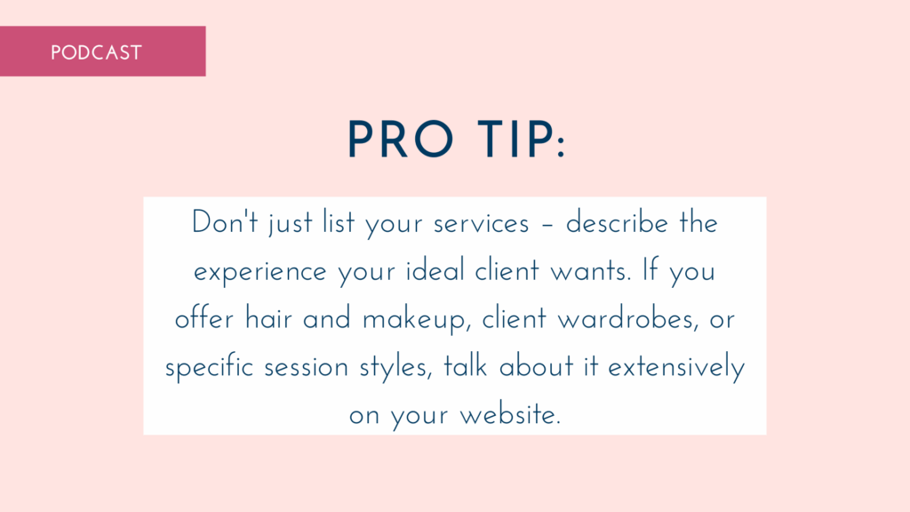 pro tip graphic for ai search seo blog post. Don't just list your services, describe the experience you ideal client wants.