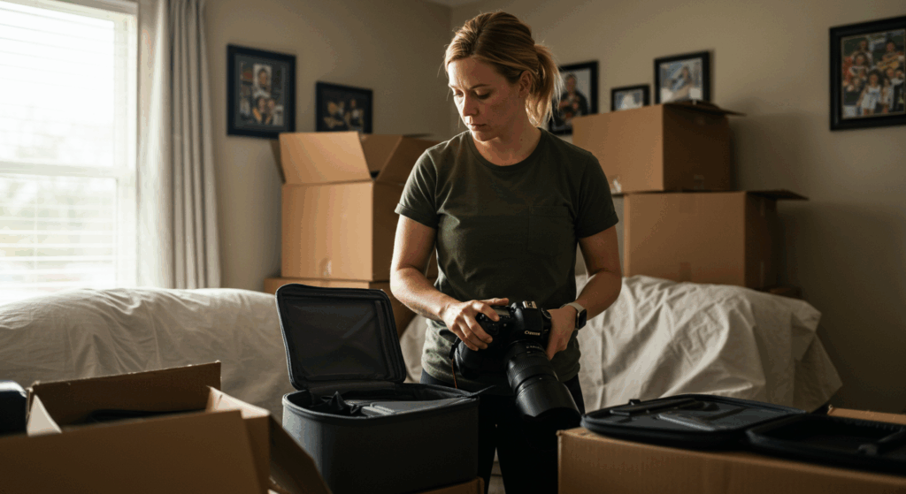 a military spouse stands in her home surrounded by boxes thinking about how the move will affect her photography business