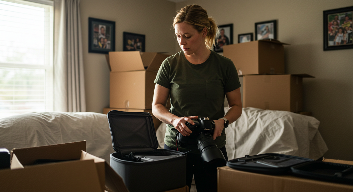a military spouse stands in her home surrounded by boxes thinking about how the move will affect her photography business