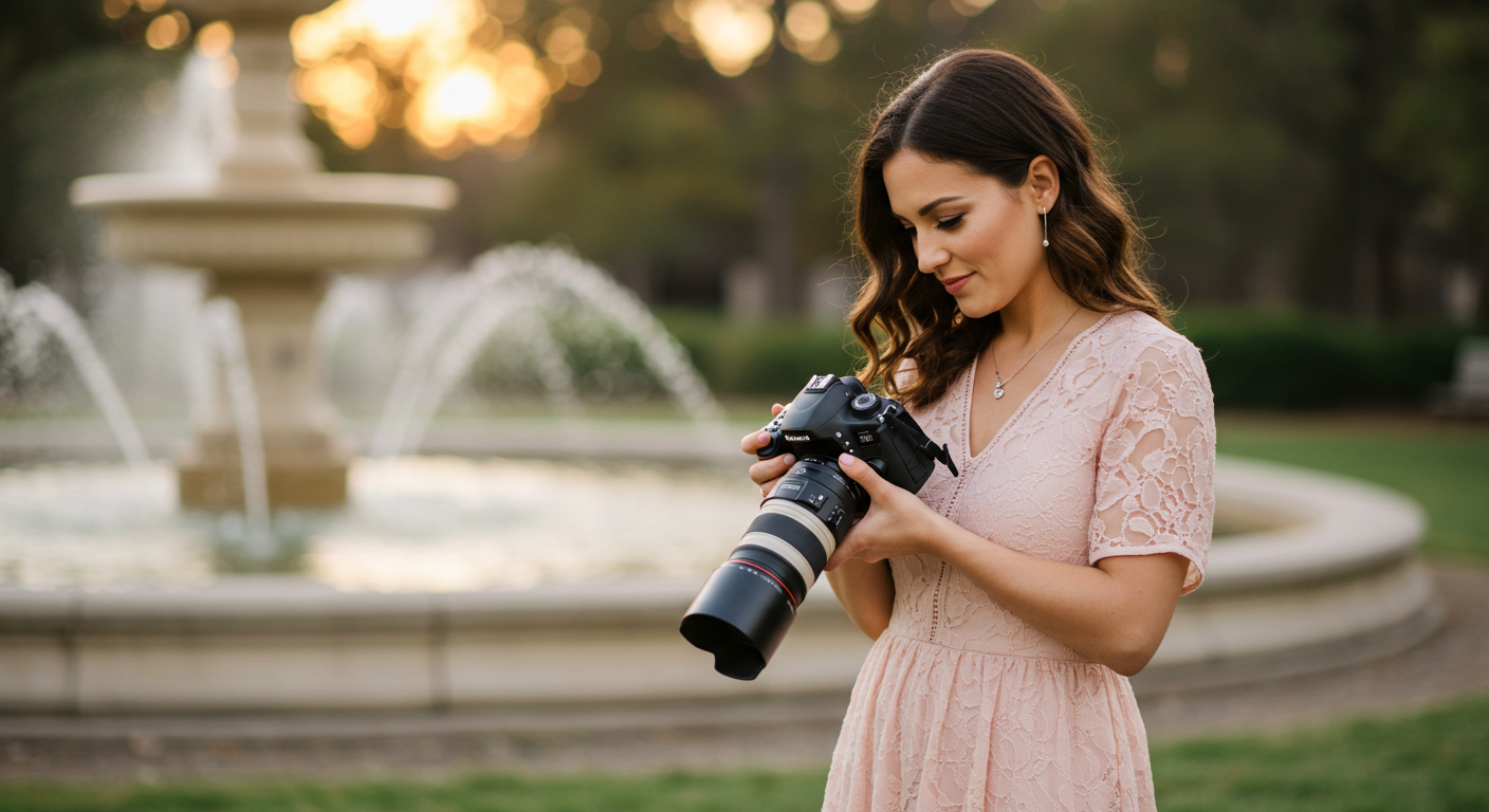 a photographer holds a camera with a fountain behind her for photography revenue streams blog post by Picture Perfect Rankings