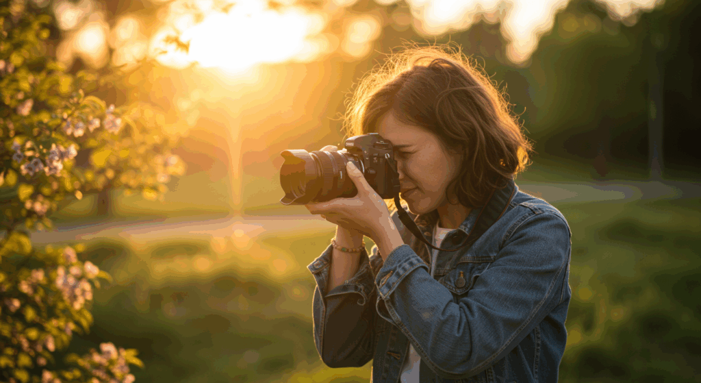 a photographer holds a camera with a fountain behind her for photography revenue streams blog post by Picture Perfect Rankings