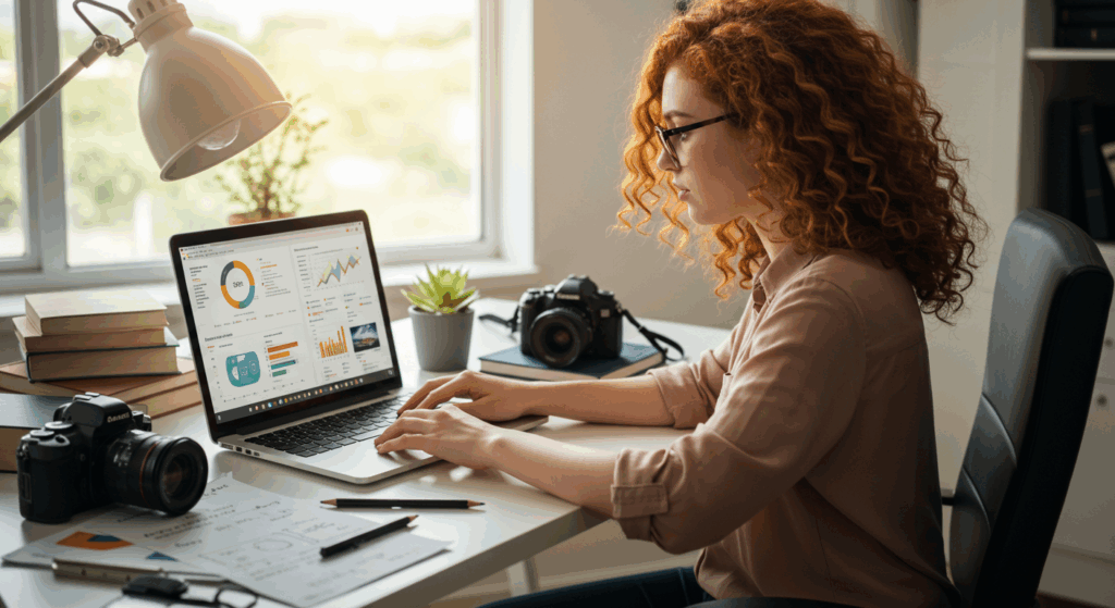 a photographer sits at her computer researching ai search seo