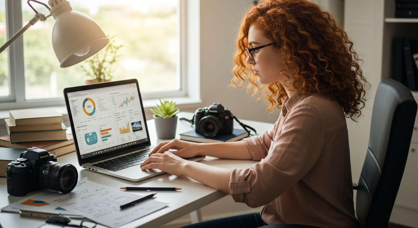 a photographer sits at a computer researching ai search seo
