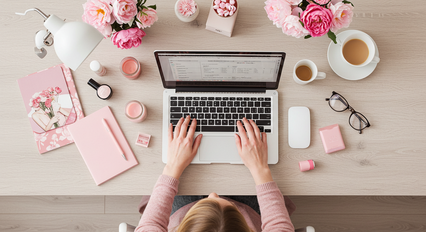 shot from above laptop with photographer doing market research