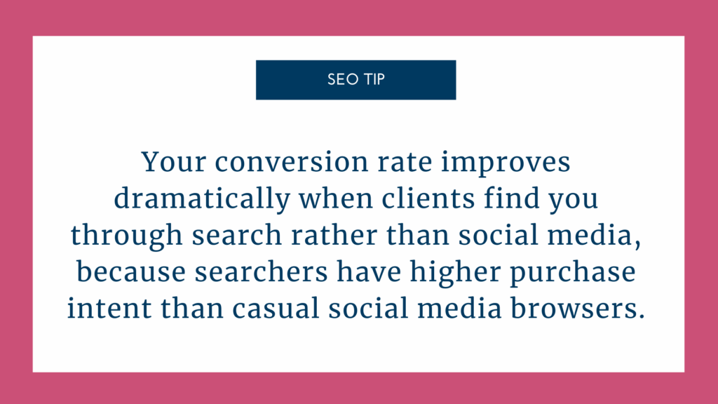 seo tip graphic, your conversion rate improves dramatically when clients find you through search rather than social media